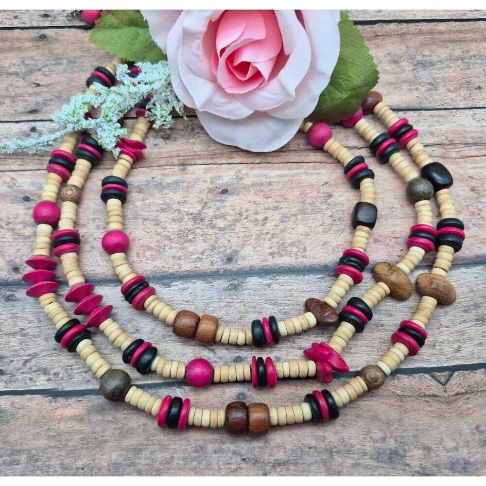 Vintage Artisan Boho Multi-Strand Wood Beaded Necklace Chunky Pink Brown Tribal